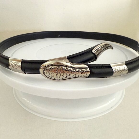 Serpent Snake Head Belt Size S to M Black Faux Leather Silver Tone Theatrical - Picture 1 of 10